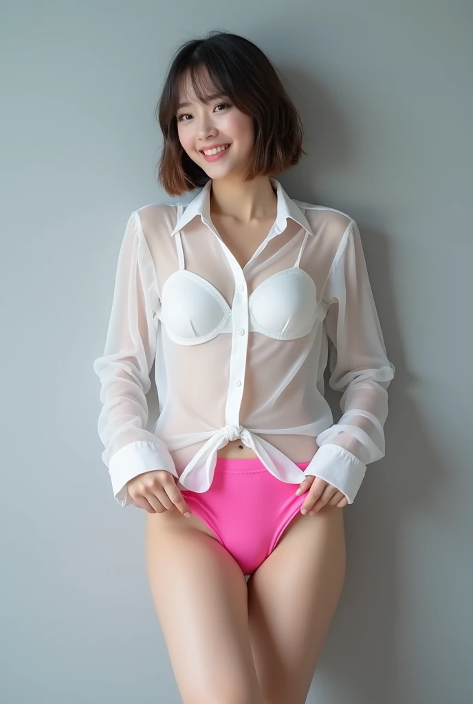 Best quality, ultra high resolution image: (1.4 lifelike) A strikingly beautiful woman with captivating eyes catches the audience's gaze. Her short, sweet hair frames her perfect face, adding to her allure. Dressed in transparent, sexy pink lingerie, she exudes a seductive and playful naughty look. From the lover's perspective, she invites us in with an invitation expression and a sultry, sexy smile. The perfect balance of delicate skin and flawless style leaves us enchanted. In the bathroom, she is shown showering, soaked all over, with water spilled on her body and flowing over her barefoot form. Her underwear