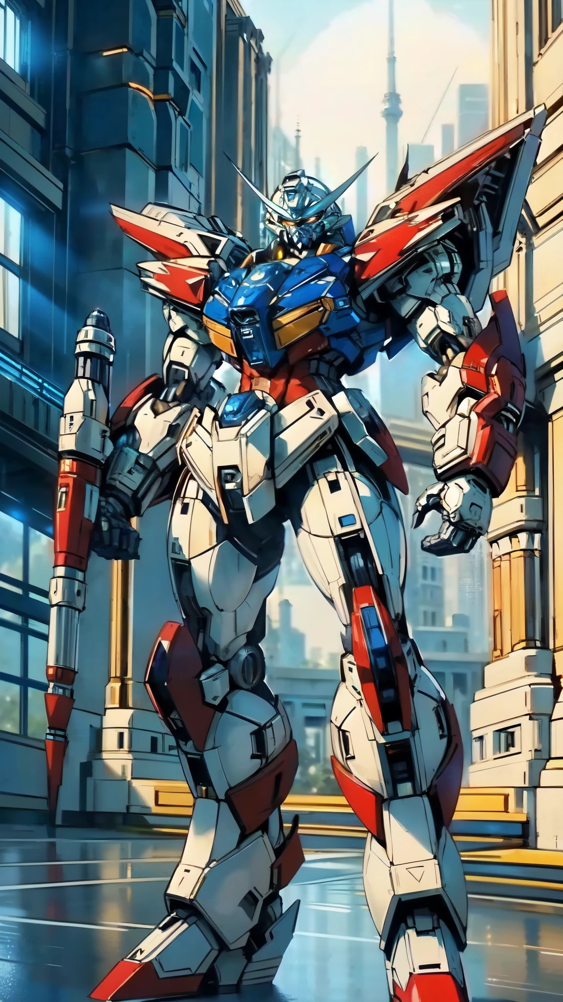 (masterpiece:1.5, best quality:1.5, extremely delicate:1.5), (male:1.5), humanoid Mecha, fully enclosed shoulder guards, matching arm and leg guards, full body, full armor, the design balances heavy with agility, (the color scheme is primarily White with Blue and Red accents, the concept Inspired by Super Robot, SRS), organic biotech armor, standing, floating high above the futuristic sci-fi city, exquisite and mature art style, (aura effect, glowing eyes, the armor glows), metallic, dramatic, high definition, highres, ultra-detailed, ultra-fine painting, professional, perfect body proportions, anatomically correct, symmetrical face, extremely detailed eyes and face, high quality eyes, creativity, RAW photo, UHD, 32k, Natural light, cinematic lighting, masterpiece-anatomy-perfect