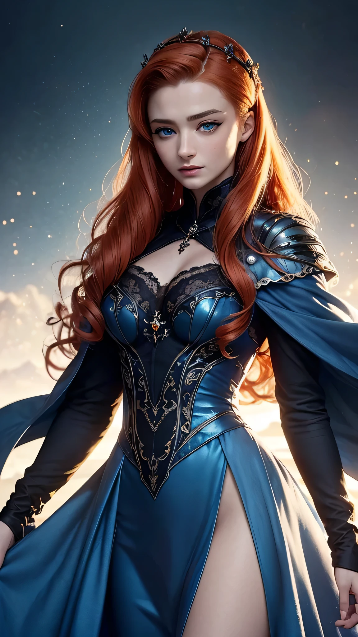 Sansa Stark, Princess girl, Very detailed beautiful girl, full length, medium breasts, stunningly beautiful,  orange hair, voluminous wavy hair, orange hair, (( Blue eyes )), very long hair, eyeliner is visible on the eyelids, very long eyelashes, Stunningly beautiful face, holographic, Light particles, very detailed illustration, hit definition, Very bold and bright colors, permission 32K, best quality, volumetric lighting, &quot;masterpiece", ultra realistic, high quality detailed, blue aristocratic dress , ( сияющие Blue eyes ), long closed gothic dress, covering the shoulders,  raincoat with fur