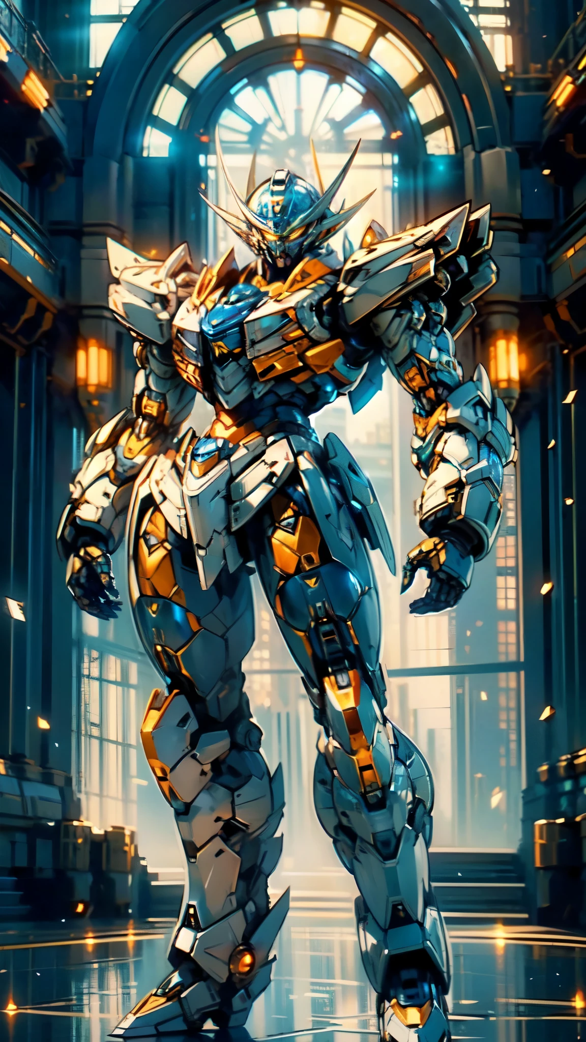 (masterpiece:1.5, best quality:1.5, extremely delicate:1.5), (male:1.5), humanoid Mecha, fully enclosed shoulder guards, matching arm and leg guards, full body, full armor, the design balances heavy with agility, (the color scheme is primarily White with Blue and Red accents, the concept Inspired by Super Robot, SRS), organic biotech armor, standing, floating high above the futuristic sci-fi city, exquisite and mature art style, (aura effect, glowing eyes, the armor glows), metallic, dramatic, high definition, highres, ultra-detailed, ultra-fine painting, professional, perfect body proportions, anatomically correct, symmetrical face, extremely detailed eyes and face, high quality eyes, creativity, RAW photo, UHD, 32k, Natural light, cinematic lighting, masterpiece-anatomy-perfect