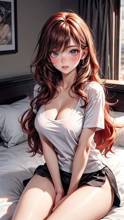 masterpiece, best quality, solo, woman, perfect slim fit body, thick thighs, large breasts, sitting pose, sleepwear, on bed, slender waist, wavy red hair, attractive feature, elaborate details, chic, ambient light, perfect face, perfect nose, detailed lips, cleavage, extra long white t-shirt, black panties, shinny legs