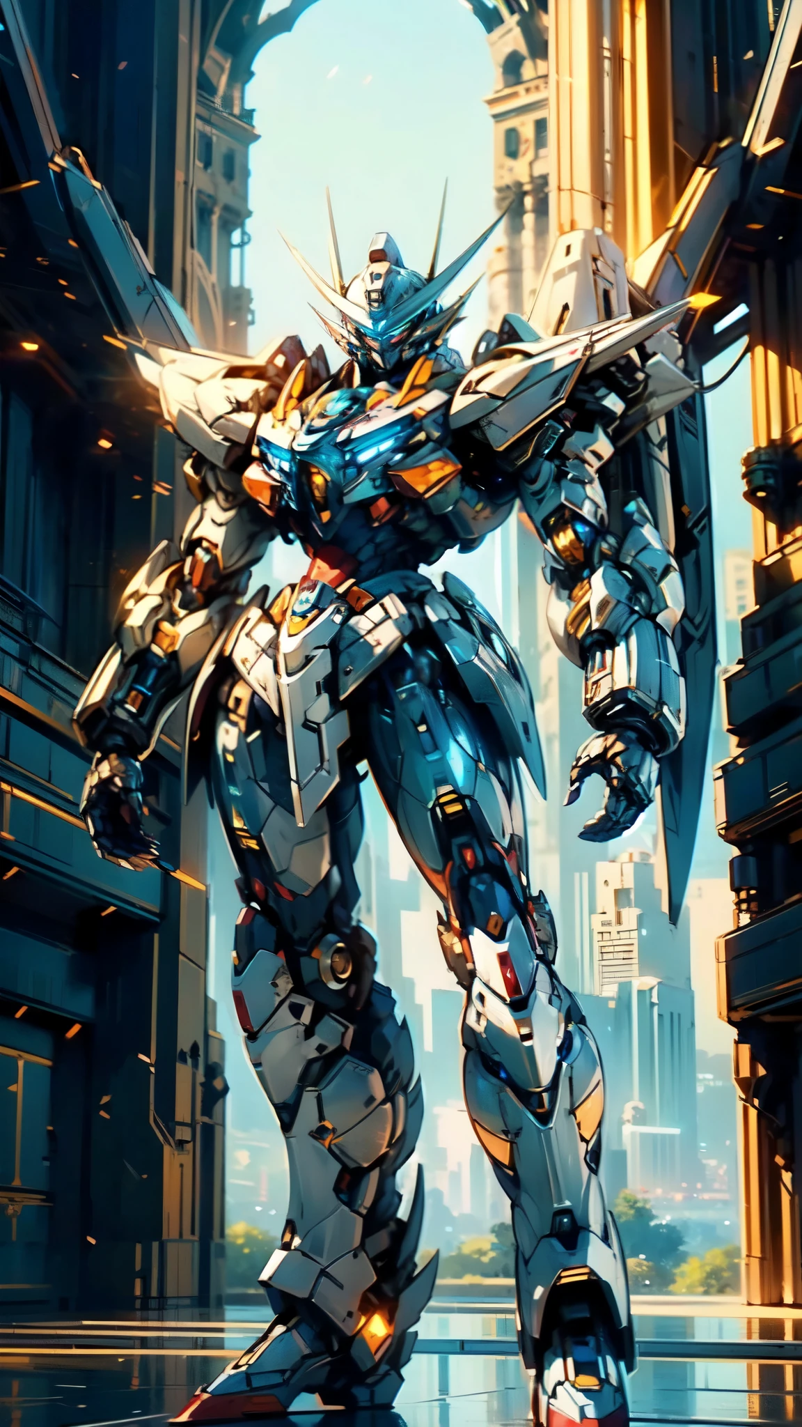 (masterpiece:1.5, best quality:1.5, extremely delicate:1.5), (male:1.5), humanoid Mecha, fully enclosed shoulder guards, matching arm and leg guards, full body, full armor, the design balances heavy with agility, (the color scheme is primarily White with Blue and Red accents, the concept Inspired by Super Robot, SRS), organic biotech armor, standing, floating high above the futuristic sci-fi city, exquisite and mature art style, (aura effect, glowing eyes, the armor glows), metallic, dramatic, high definition, highres, ultra-detailed, ultra-fine painting, professional, perfect body proportions, anatomically correct, symmetrical face, extremely detailed eyes and face, high quality eyes, creativity, RAW photo, UHD, 32k, Natural light, cinematic lighting, masterpiece-anatomy-perfect