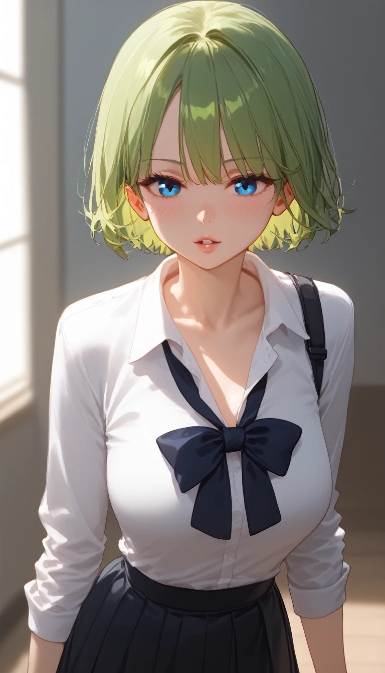 score_9, score_8_up, score_7_up, 1girl, short hair, green hair, blue eyes, parted lips, black skirt, bangs, hair tie, beautiful detailed eyes, collarbone, alternate costume, blush, chestnut mouth, cowboy shot, long sleeves, ribbon, shirt, simple background, solo, too many, too many scoops, white shirt