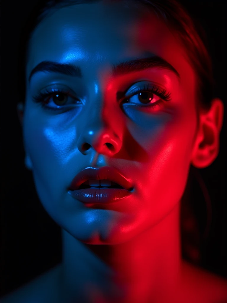High-contrast, close-up portrait of a woman with fair skin, illuminated by dramatic red and blue lighting. The subject has a symmetrical face with high cheekbones, full lips, and a slightly open mouth. Their eyes are partially closed, giving a sultry expression, and they have well-defined eyebrows. The lighting creates a striking contrast, highlighting the contours of the face and neck. The background is dark, enhancing the focus on the subject's facial features. The overall mood of the image is intense and captivating.