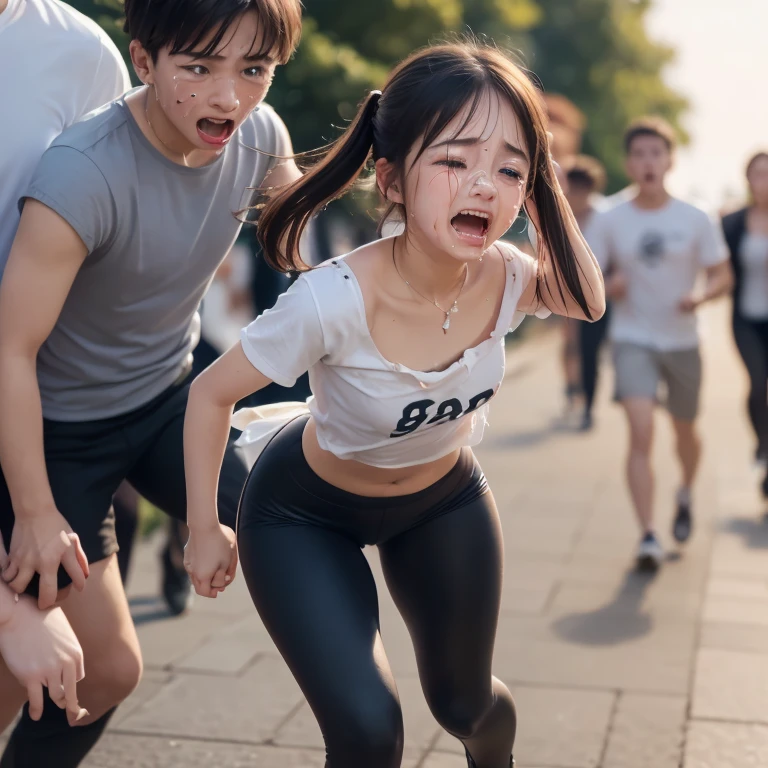 1 Realistic young japanese cute girl,3boys,(((a very cute japanese anorexic woman is running away from men:1.5))),(((gilr is stumbling and falling down:1.5))),(((some men are catching girl:1.5))),(((some men are pulling her hair and her clothes:1.5))),(((some men are hugging girl:1.5))),(((wearing dark blue leggings,white t-shirt))),around in park,4K, 8K, (Masterpiece, best quality:1.2),Very realistic eyes, perfect face,20years old,thin girl,((skinny girl)),slim girl,small girl,childish girl,(((flat chest))),(((small breast))),white skin,short twin tail hair,around lake in park,at dusk,(((open mouth:1.3))),(((surprised:1.3))),(((crying:1.3))),(((dynamic motion:1.5)))