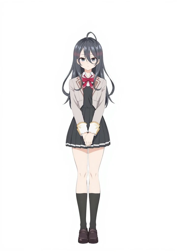 (1girl), (full body:1.2), (white background:1.15), ((standing)), solo, looking at viewer, tachi-e, (maid), cropped top, (own hands clasped), navel, midriff, headdress, white apron, white frill, white gloves, (elbow gloves), opera gloves, white knee socks, white stocking, thigh high socks, boutie, loafer, lace trim, lace, (miniskirt:1.15), (black skirt), black puffy short sleeve, slim waist, (large breasts), 18 years old, teenager, (long hair), black hair, straight hair, (thin thigh), skinny, detailed eyes, sharp face, attractive, kindness, ornate, gorgeous, luxurious