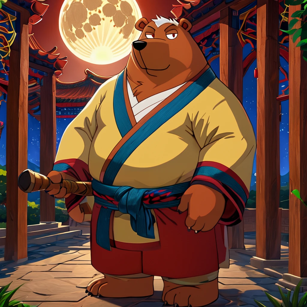 Best quality, masterpiece, ultra high res, raw photo, 1male, tim, tim the bear, round belly, wearing a Taoist robe, anatomically correct eyes, looking at viewer, outdoors, evening, forest background, fantasycharacter, masterpiece,best quality,Chinese martial arts style,octagonal stone pavilion, big full moon,cultivator, male, tim as a cultivator