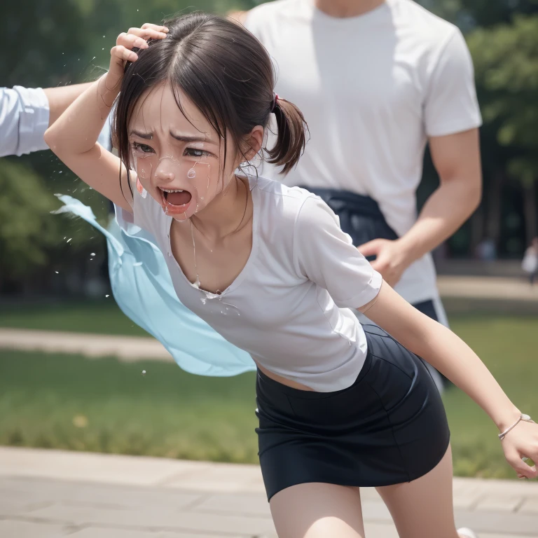 1 Realistic young japanese cute girl,3boys,(((a very cute japanese anorexic woman is running away from men:1.5))),(((gilr is stumbling and falling down:1.5))),(((some men are catching girl:1.5))),(((some men are pulling her hair and her clothes:1.5))),(((some men are hugging girl:1.5))),(((wearing dark blue leggings,white t-shirt,blue short skirt))),in unsafe back alley,4K, 8K, (Masterpiece, best quality:1.2),Very realistic eyes, perfect face,20years old,thin girl,((skinny girl)),slim girl,small girl,childish girl,(((flat chest))),(((small breast))),white skin,short twin tail hair,around lake in park,at dusk,(((open mouth:1.3))),(((surprised:1.3))),(((crying:1.3))),(((dynamic motion:1.5)))