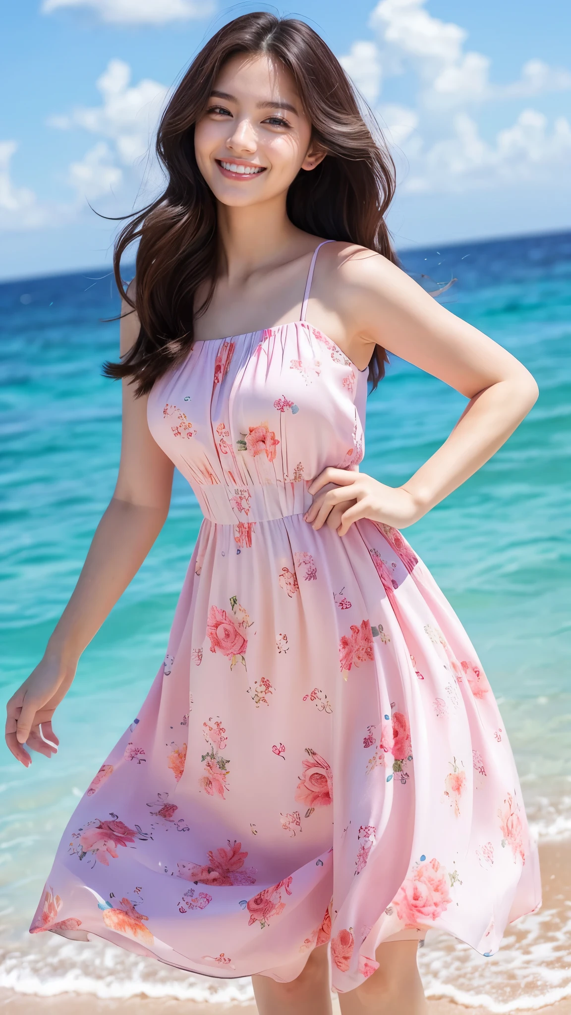 (Highest quality、masterpiece、8k、Best image quality、Hyperrealism、Award-winning works)、1 female、(alone:1.1)、(1 photo:1.1)、(Feminine pink floral long dress:1.2)、(Cute feminine fluffy wavy hair:1.1)、Standing Elegantly、(The most natural and wide々Standing on a beautiful and perfect beach:1.1)、(wide々Standing on the beautiful, The coast is beautiful:1.1)、(Beautiful perfect sandy beach:1.1)、(Beautiful sunny sky:1.1)、(Beautiful thunderclouds:1.1)、Beautiful sea、(transparent and vivid beautiful sea:1.1)、(very bright and vivid:1.1)、The biggest smile looks at me、Complex sea glow、Depicting the details of the beautiful sea、Full body photo of a woman standing gracefully、Accurate anatomy、Perfect Makeup、Long eyelashes、Glossy Lips、Ultra HD glossy skin、(Ultra-high definition, bright and beautiful skin:1.1)、Ultra-high definition glossy lips、Ultra-high definition beautiful teeth