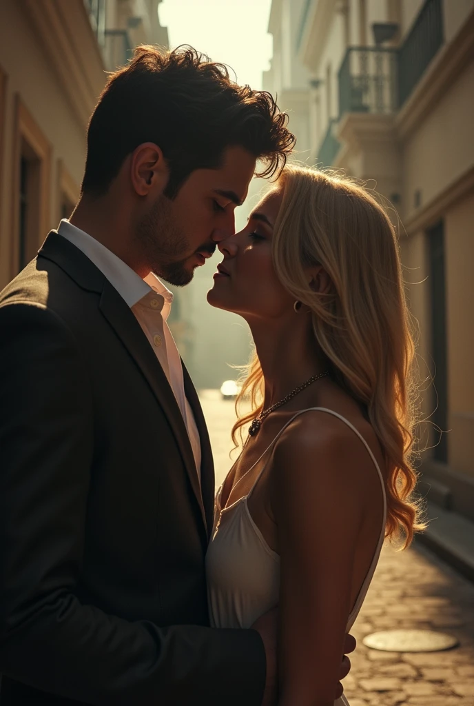 high quality, 8K Ultra HD, A realistic, wonderful scene of a European man enthralled by a brown-skinned Mediterranean woman. In the background, show a fat, seething, blonde white woman acting jealous, sharp focus, awesome full color,