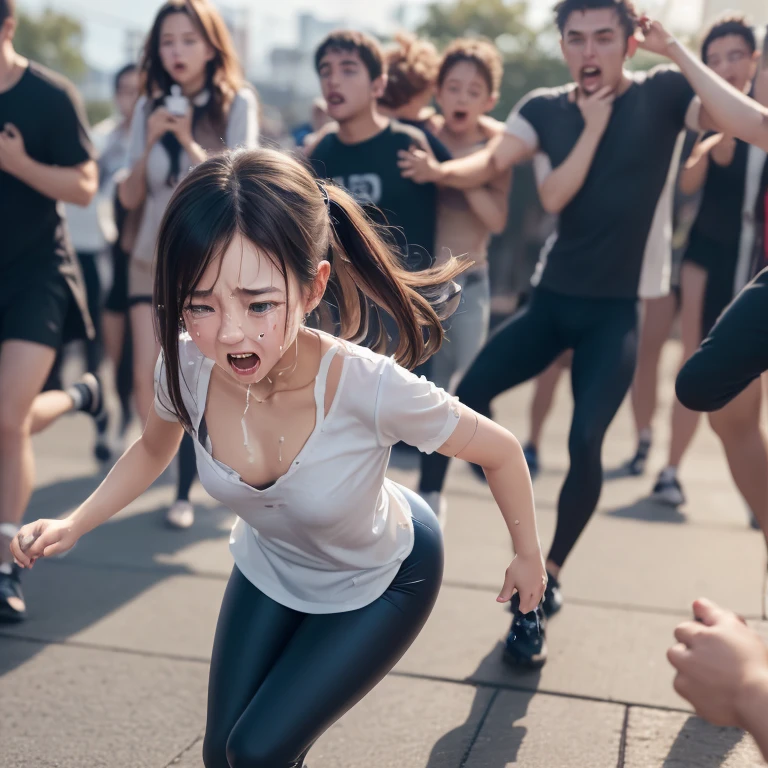 1 Realistic young japanese cute girl,3boys,(((a very cute japanese anorexic woman is running away from men:1.5))),(((girl is stumbling and falling down:1.5))),(((some men are catching girl:1.5))),(((some men are pulling her hair and her clothes:1.5))),(((some men are hugging girl:1.5))),(((wearing dark blue leggings,white t-shirt,blue short skirt))),in unsafe back alley,4K, 8K, (Masterpiece, best quality:1.2),Very realistic eyes, perfect face,20years old,thin girl,((skinny girl)),slim girl,small girl,childish girl,(((flat chest))),(((small breast))),white skin,short twin tail hair,around lake in park,at dusk,(((open mouth:1.3))),(((surprised:1.3))),(((crying:1.3))),(((dynamic motion:1.5)))