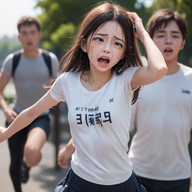 1 Realistic young japanese cute girl,3boys,(((a very cute japanese anorexic woman is running away from men:1.5))),(((girl is stumbling and falling down:1.5))),(((some men are catching girl:1.5))),(((some men are pulling her hair and her clothes:1.5))),(((some men are hugging girl:1.5))),(((wearing dark blue leggings,white t-shirt,blue short skirt))),in unsafe back alley,4K, 8K, (Masterpiece, best quality:1.2),Very realistic eyes, perfect face,20years old,thin girl,((skinny girl)),slim girl,small girl,childish girl,(((flat chest))),(((small breast))),white skin,short twin tail hair,around lake in park,at dusk,(((open mouth:1.3))),(((surprised:1.3))),(((crying:1.3))),(((dynamic motion:1.5)))