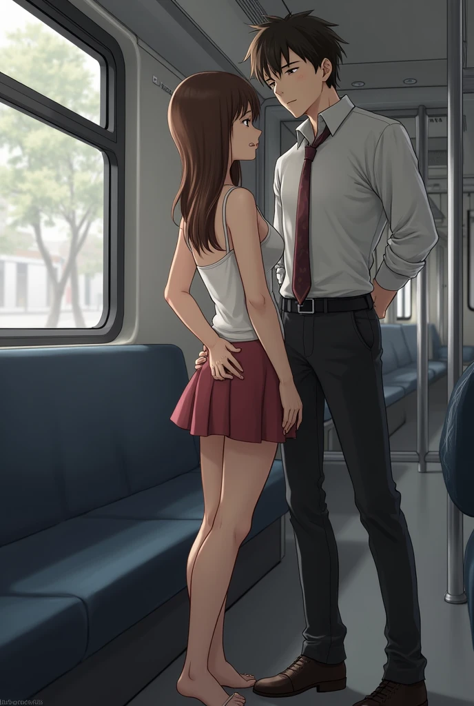 masterpiece, top quality, high resolution, 
grasp, , 
high school girl grabbed by the buttocks on the train, 
(school uniform, pleated skirt), 
beautiful 1 girl, red hair, side ponytail, beautiful face, scream, tears, blushing, embrassed, beautiful detailed eyes, beautiful butt , beautiful back, beautiful thigh, 
(3 man, (molesting), (man grabbing girl butt on the train:1.5, man grabbing girl chest on the train:1.2)),