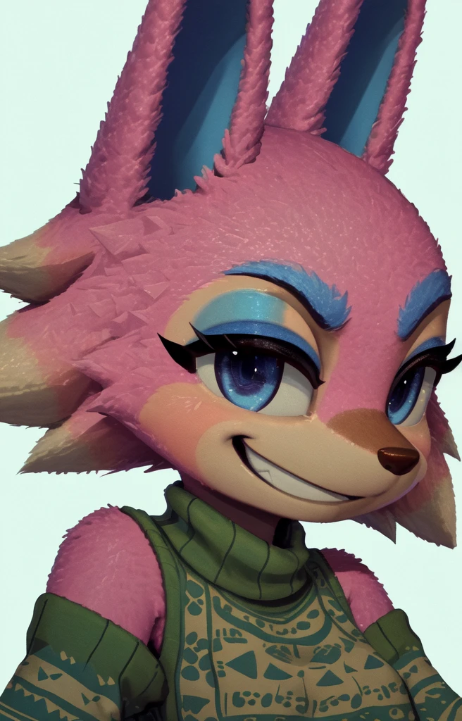 freya (Animal crossing), uploaded to e621.net; (1 girl), (pink fur), (beige fur), (dark blue eyes), (dark brown makeup), (dark brown eyelashes), (Brown nose), (green sweater), (Shine), (smile), (Smirk), (bright white background), (good quality), (High resolution), (fullhd).


