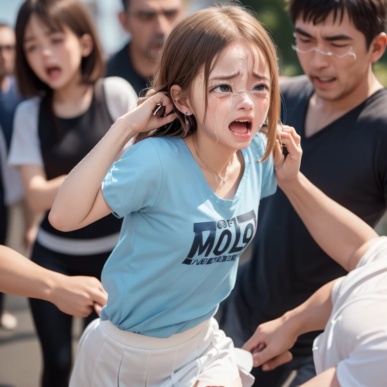 1 Realistic young japanese cute girl,3boys,(((a very cute japanese anorexic woman is running away from men:1.5))),(((gilr is stumbling and falling down:1.5))),(((some men are catching girl:1.5))),(((some men are pulling her hair and her clothes:1.5))),(((some men are hugging girl:1.5))),(((wearing dark blue leggings,white t-shirt,blue short skirt))),in unsafe back alley,at night,4K, 8K, (Masterpiece, best quality:1.2),Very realistic eyes, perfect face,20years old,thin girl,((skinny girl)),slim girl,small girl,childish girl,(((flat chest))),(((small breast))),white skin,short twin tail hair,(((open mouth:1.3))),(((surprised:1.3))),(((crying:1.3))),(((dynamic motion:1.5)))