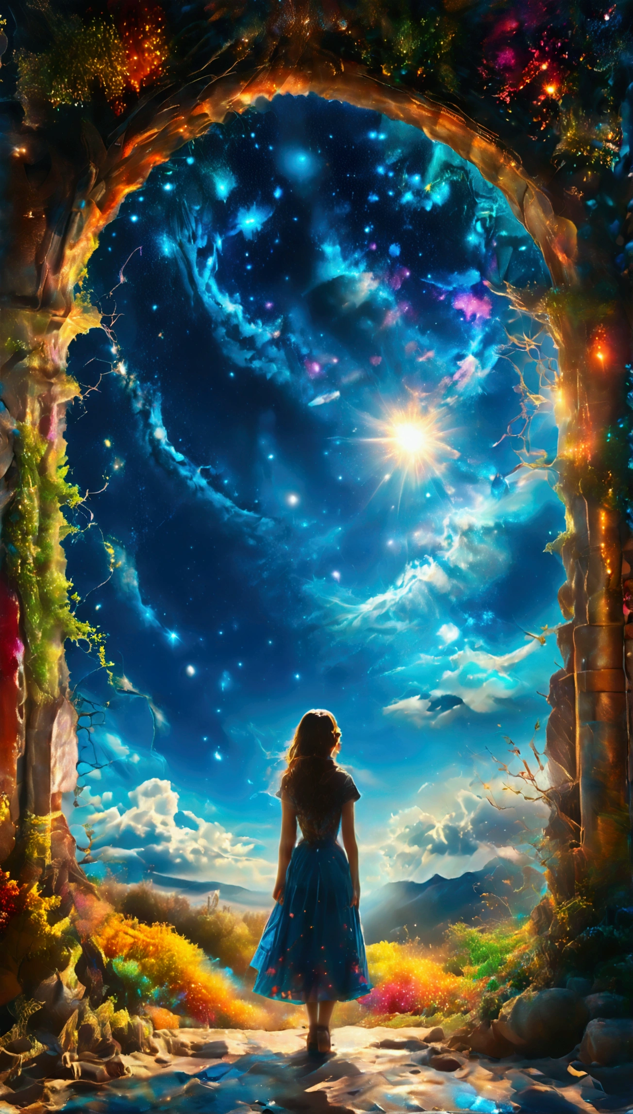 whimsical, realistic, pen and pencil drawing, colorful, full image, woman standing back to viewer in front of an arch, on the other side lie four visible different seasons, inviting an option of time travel into ones past, time travel at it's very best, mystical and magical, background blue starry sky, in the style of Jacqueline wild, beautiful fantasy portrait 
