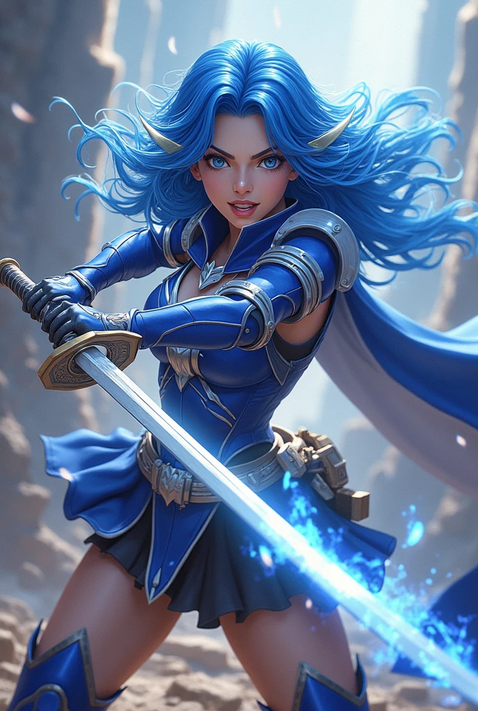 A photo of Princess Zelda from a full body shot, short Blue hair, blue eyes, dressed as a Ninja in black+neon blue with a black mask and hood with blue details, XL bust, holding a sword ice, emanating icy energy around your body. Background: gruesome cemetery at night with snow. Mortal Kombat, Unreal Engine 5, Anime, Anime style, Masterpiece, Well drawn eyes, well drawn face, well detailed eyes, well detailed face, 8k, light and shadow effect.