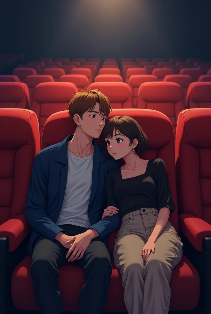 a broad-faced boy, with round lenses, thin lips and a girl together, with brown hair, sitting in a movie theater watching kung fu panda 4, The girl leaves laughing while trying to shake the boy's hand, They are a couple of lovers looking at each other out of the corner of their eyes, the girl without glasses