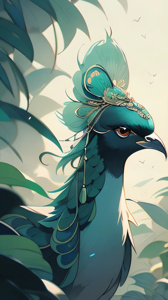 Anthropomorphic female peacock, furry art style, Stately clothing from the late Victorian era, arrogant and confident expression, squinted eyes, Soft pink eyes, Blue and green with touches of gold feathers., very feathery, It has a short beak and short neck..