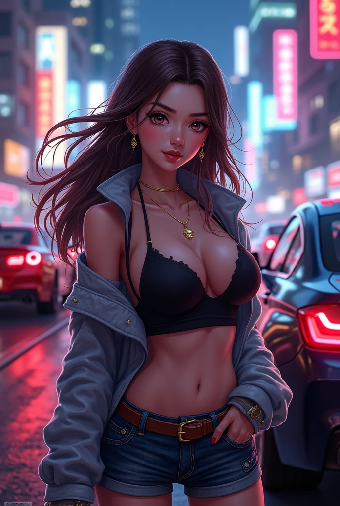 Flashy Cars、Japanese、Beauty、long hair、Fancy brown hair、hoodie、Large Breasts、necklace、sexy、lure
