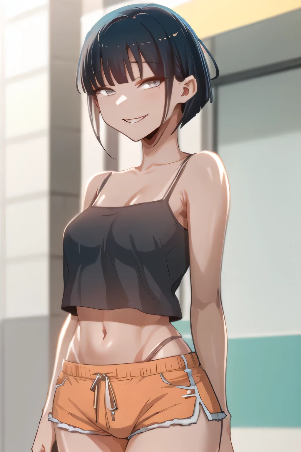 (masterpiece),small boobs, best quality, expressive eyes, perfect face, short hair, petite build, expressive eyes, perfect face, black hair,revealing sexy black swimsuit, 