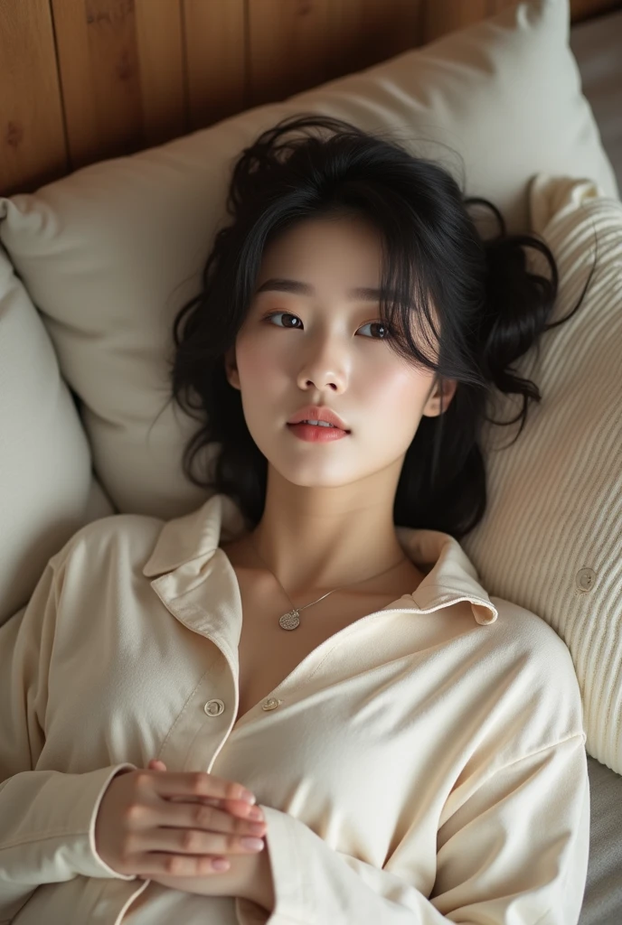 young girl, li, Ultra-thin pajamas, Hot air with sweat beads applied to the face.., Lying on your back on a white bed.., next to the window., There is a breeze blowing the curtains.., Black UHD inner hair, Nobra