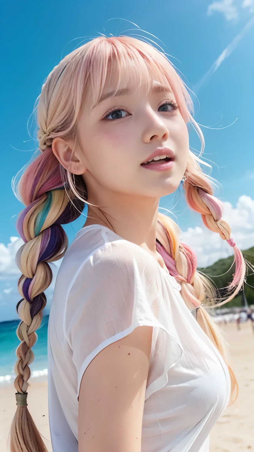 Sunburn marks on tanned skin、Multicolored hair color、Bangs on the face、Bangs between the eyes、A strong wind blows my hair in front of my face、Beautiful big sparkling eyes, Cute eyes hidden by long bangs、Yawn、No visible nasolabial folds、Short micro mini skirt、Multicolored patterned blouse、18 year old Korean beauty、Blonde French braid hair