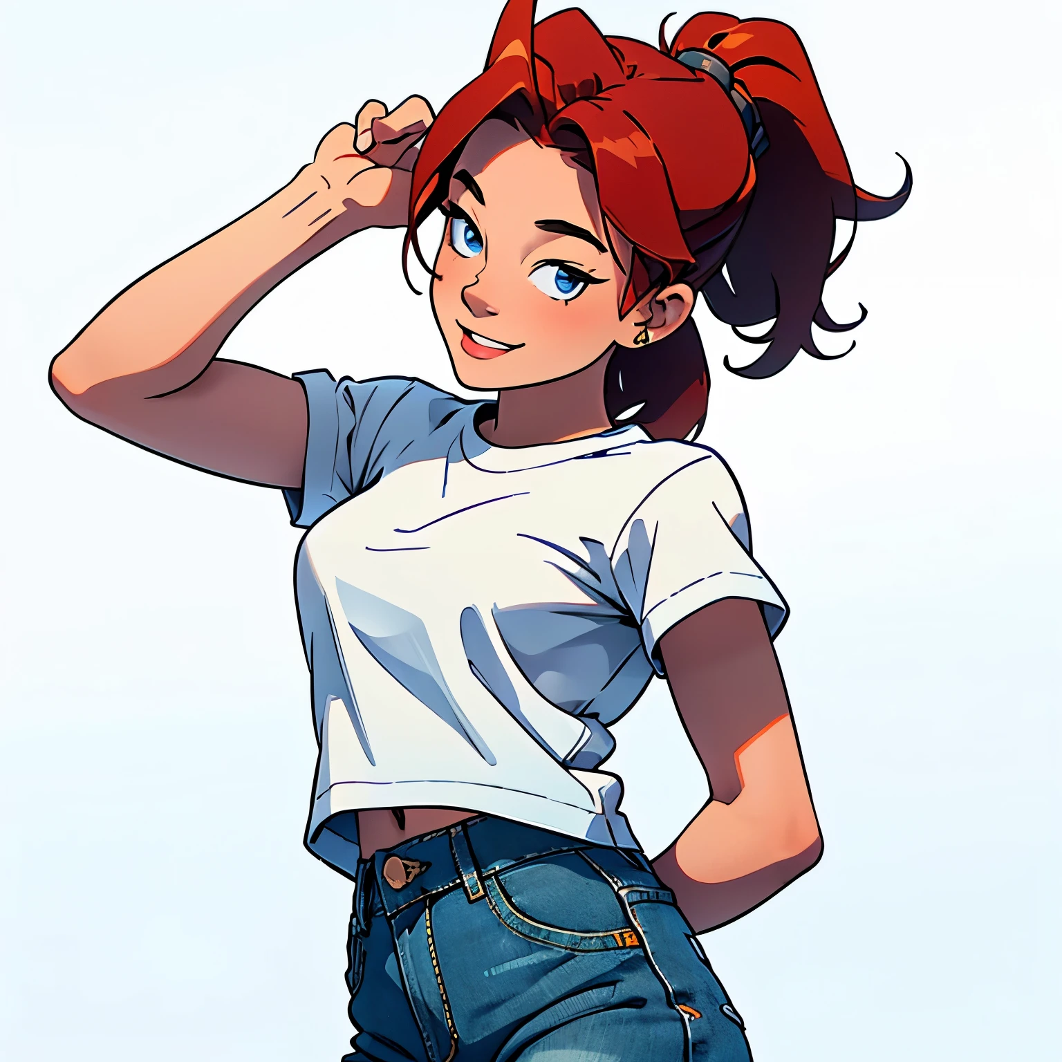masterpiece, best quality, half body, highest image quality, looks like Olivia Dunne, bright red hair, ponytail, blue eyes, smiling, large breasts, wearing a white t-shirt and denim shortws, White background, empty background