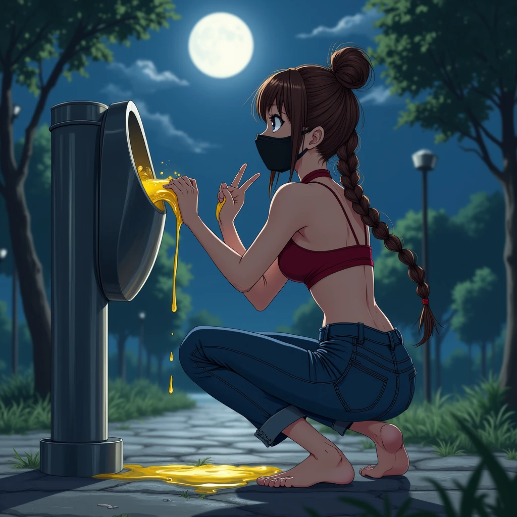 slim girl peeing into a glass, collecting pee, pee, peeing, urination, pee on legs, bare legs, barefoot, bottomless, t-shirt, lemonade stand, lemonade, pee puddle, lemonade glass