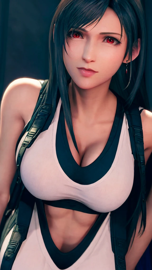 ff7r style, Tifa Lockhart,
One girl, Alone, Long Hair, Earrings, jewelry, Red eyes, Black Hair, Looking at, Realistic, Blurred, 唇を離したBlurred background, Tank tops, swept bangs, lipsportraitsuspenders, Bare Shoulder, Brown eyes, bangs
, ((masterpiece))Kissing Face、Busty、Bend over and bring your chest together、valley、Protruding nipples
