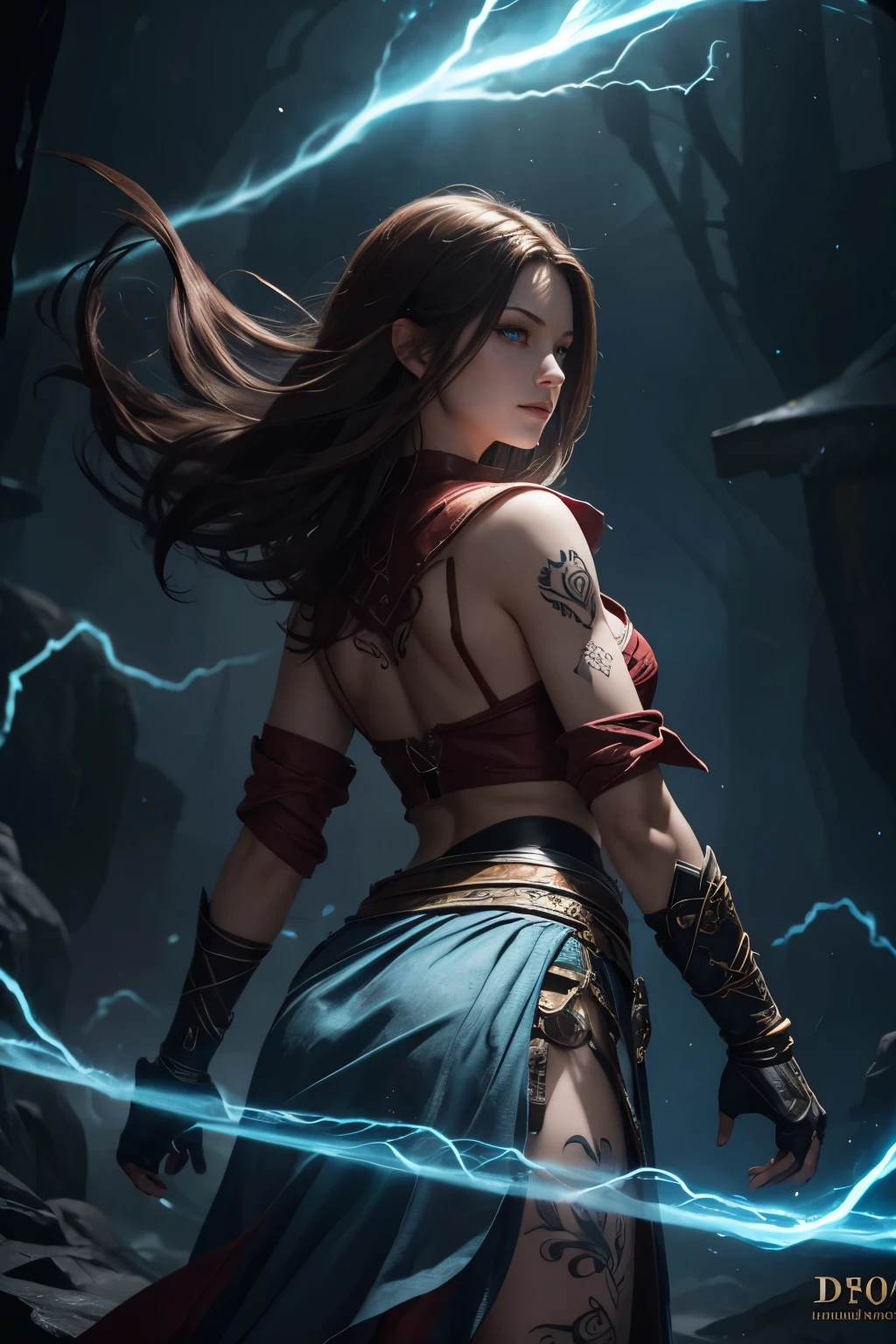 nsfw tall beautiful and muscular female storm giant with blue black hair in a ponytail and lightning staff, glowing tattoos and pale blue skin wearing revealing steel Armour with legs spread wide, ocean cave background with lightning storm, she has her back to the camera and bending over