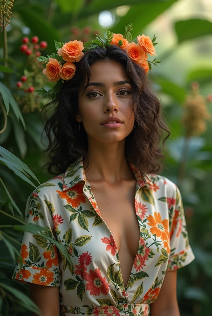 A Brazilian woman in a lush tropical garden, wearing an open shirt with a floral print, with a close-up capturing the harmonious beauty between her breasts and the natural flowers, showing off your natural charm and outgoing personality.