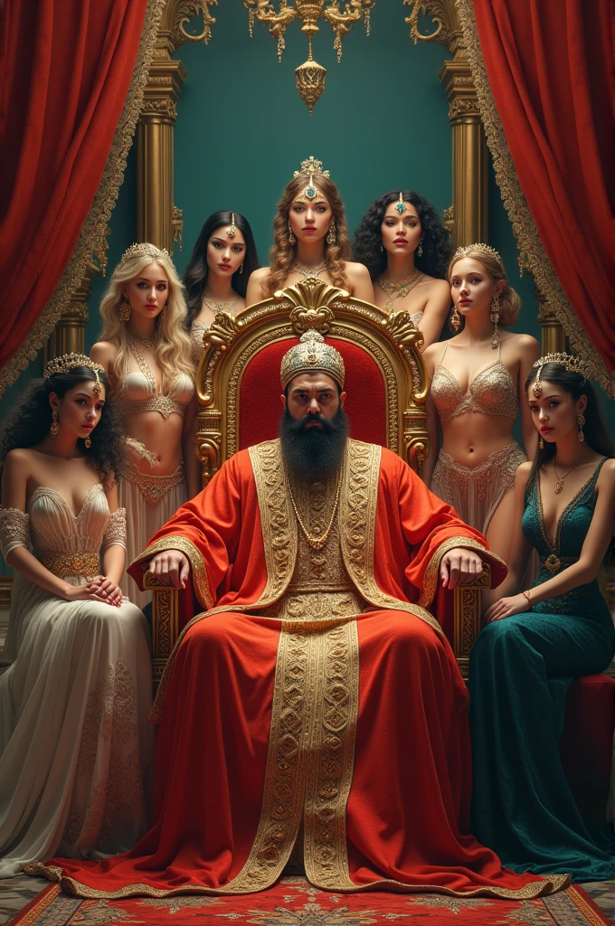 Large luxurious pink harem room full of young and beautiful naked girls all around the floor pink carpet, there are blonde and redhead girls with straight hair, 
All the girls look bored. One fan naked man with a long untrimmed beard is sitting on his throne located at the end of the room, looking excited at the girls and he has a expretion of pleasure on his face, The girls are all on their knees begging the man