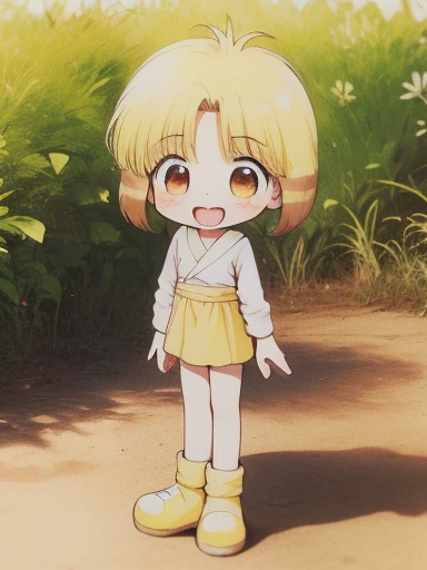 nyannyan, 1girl, solo, blonde hair,  open mouth, brown eyes, short hair, multicolored hair, blush, child, masterpiece, best quality, very aesthetic, absurdres, 1girl, smile, looking at viewer, open mouth, blush, eyebrows visible through hair, :d, standing by self, embarrassed, white legwear, smile, looking at viewer, standing by self, (flat chest, Little Girl:1.3), full body, HDR, uhd, front shot, public park, Desert, Lotus, Pokémon, White Wolf, Colorful Gradient, Clay Animation, High Heels