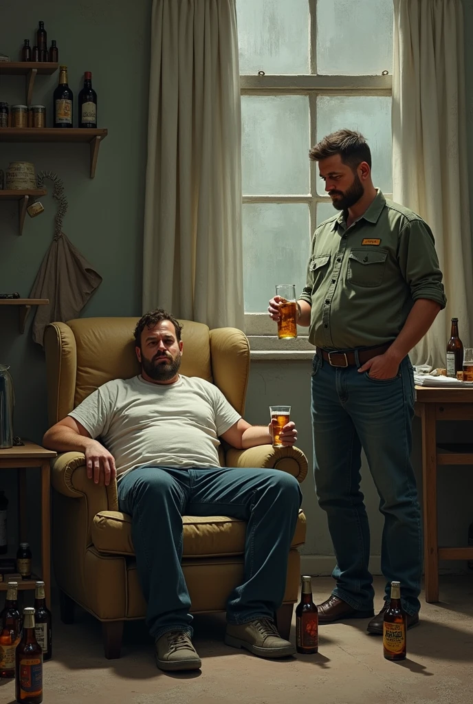 (((2heads))), solo, ((((david harbour)))), middle aged, male, short graying hair, (((obese, overweight, fat, chubby, heavy, dadbod))), ((shirtless)), navel, sweatpants, body hair, dreamy atmosphere, dark cyan and red, i can't believe how beautiful this is, serene atmosphere, epic realistic, soft cinematic light, hdr, intricate, highly detailed, (depth of field:1.4), faded, (neutral colors:1.2), (hdr:1.4), (muted colors:1.2), hyperdetailed, (artstation:1.4), cinematic, dramatic light, (intricate details:1.1), porch scenery, (rutkowski:0.66), (intricate details, hyperdetailed:1.15) (skin texture:1.2), detailed expressions, tired, frowning, natural pose, sitting on couch
