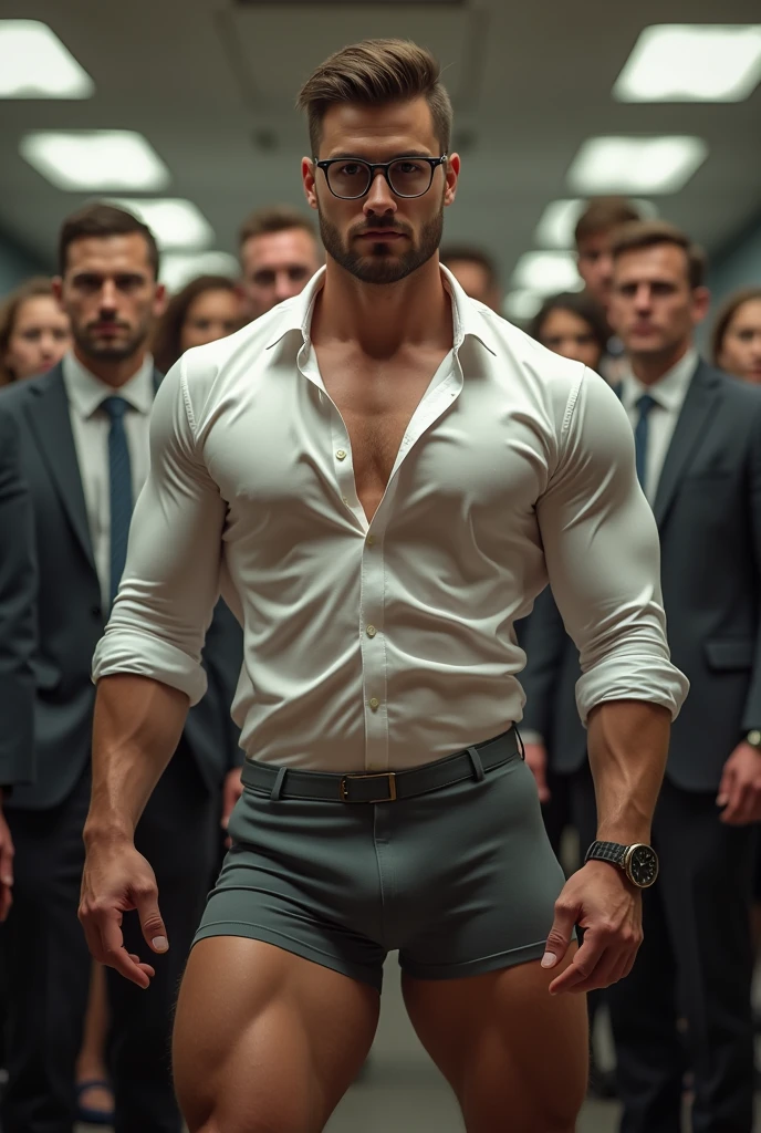 (masterpiece) (high resolution) (best quality) Ryan gosling opens his Shirt off in a front of a group Men. Wearing just a suit without a shirt underneath. He gets attention. He is just walking through them on a Street. Everyone wants to interact with ryan. He wears a White suit with no Shirt inside