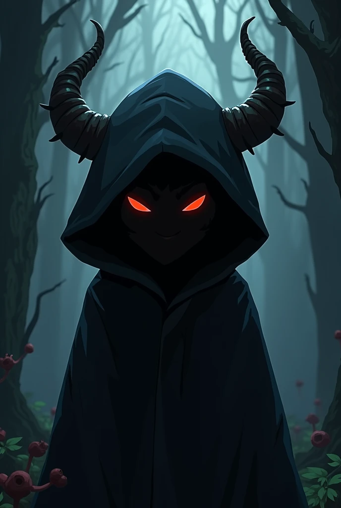 Masterpiece, high quality, young boy, dress with black open chest, purple cloak with hood, two black horns from hood, red hair, facing forward, looking at camera, full body, center of the screen