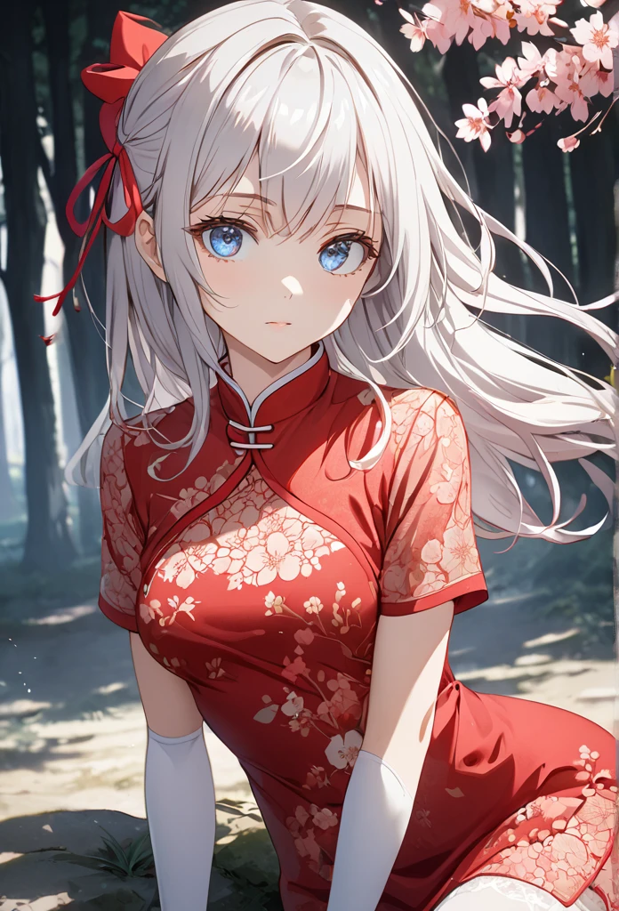 Masterpiece, Detailed work, Full HD clarity, Resolution1980p, Realistic light and shadow, Gradient color, background, Sakura Forest, จากซีรีย์ Alya Sometimes Hides Her Feelings in Russian, Ayano Kimishima, Blue eyes, Black eyes, Fine eyes, Gradient eyes, Long white hair, Wearing a red cheongsam with lace patterns, Medium bust,floating hair, Red Hair Ribbon, White long stockings, miaoz ,iaoz, High resolution model, 