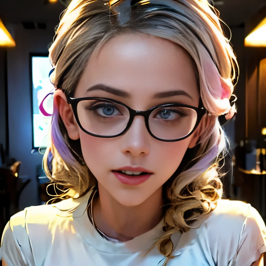 1girl, colorful theme, synthwave sky,(best quality, high quality, high resolution), realistic, ultra-detailed, highly detailed face features, absurdres,  realistic lighting and reflections, highly detailed face features, see through shirt, best photo,high quality illustration