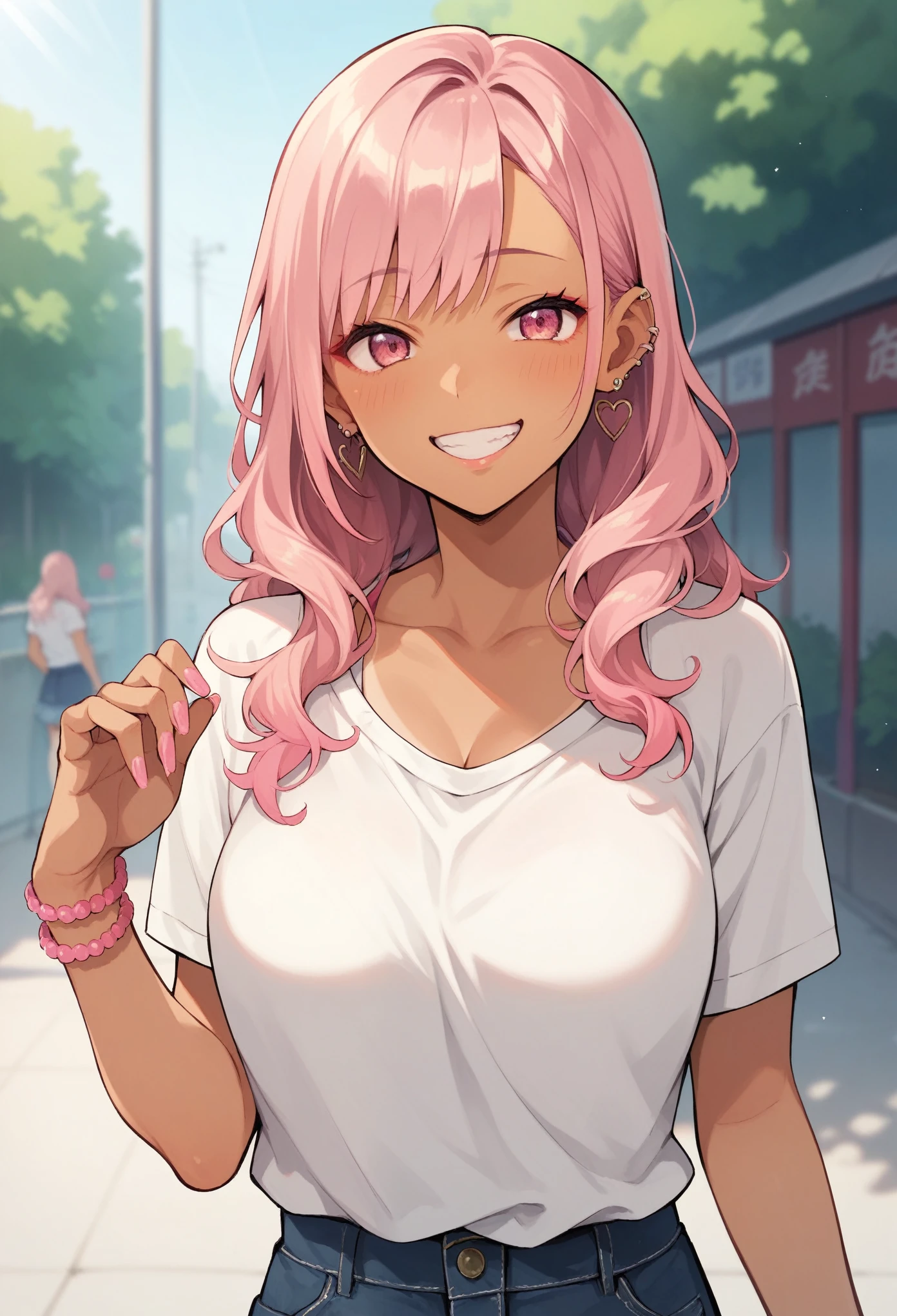 Score_9, score_8_up, score_7_up, score_6_up, source_anime, rating:general, 1girl, Gyaruu, tan, Gyaru, upper body, shy smile, casual, dyed pink hair, pink eyes, colored contacts 