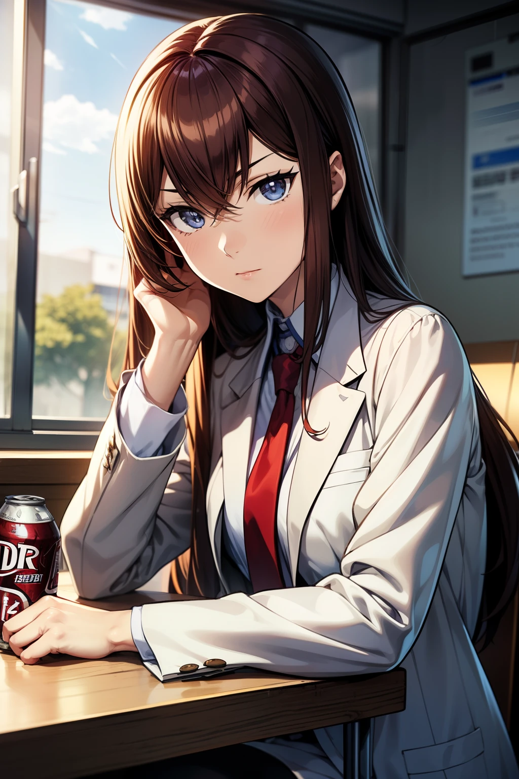 masterpiece、Best Quality、High resolution、Detailed face、((anime、anime塗り、animeカラーリング、RAW Photos)),makise kurisu,1girl, bangs, belt, blue eyes, hair between eyes, long hair, looking at viewer, makise kurisu, necktie, open_labcoat, blown hair, white_shirt, Alone, upper body,Random Pause、Random Angle、Dynamic Angle、Laboratory、graduate School,((Sitting、table、Drinking a can of Dr. Pepper))