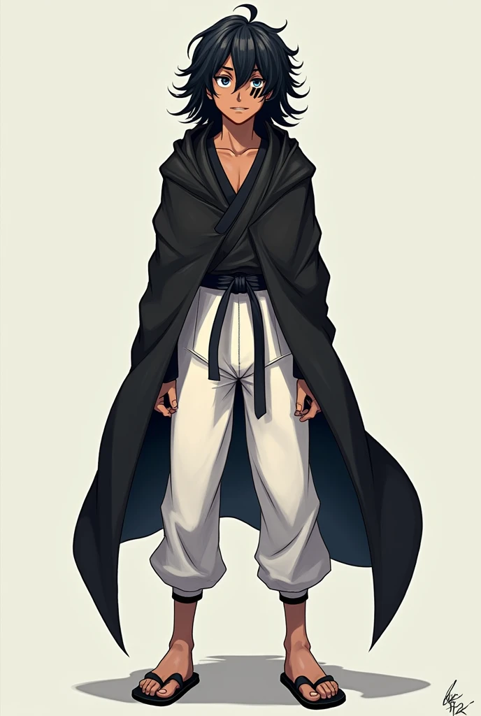 young male, demonic traits, has an unparalleled beauty, long wavy brown hair, ruby red eyes, BROWN SKIN, parts,diamond face, slightly small and oval lips, splattered nose, medium complexion, sleeveless button down shirt, gray hakama pants rolled up to the knees and white geta shoe.