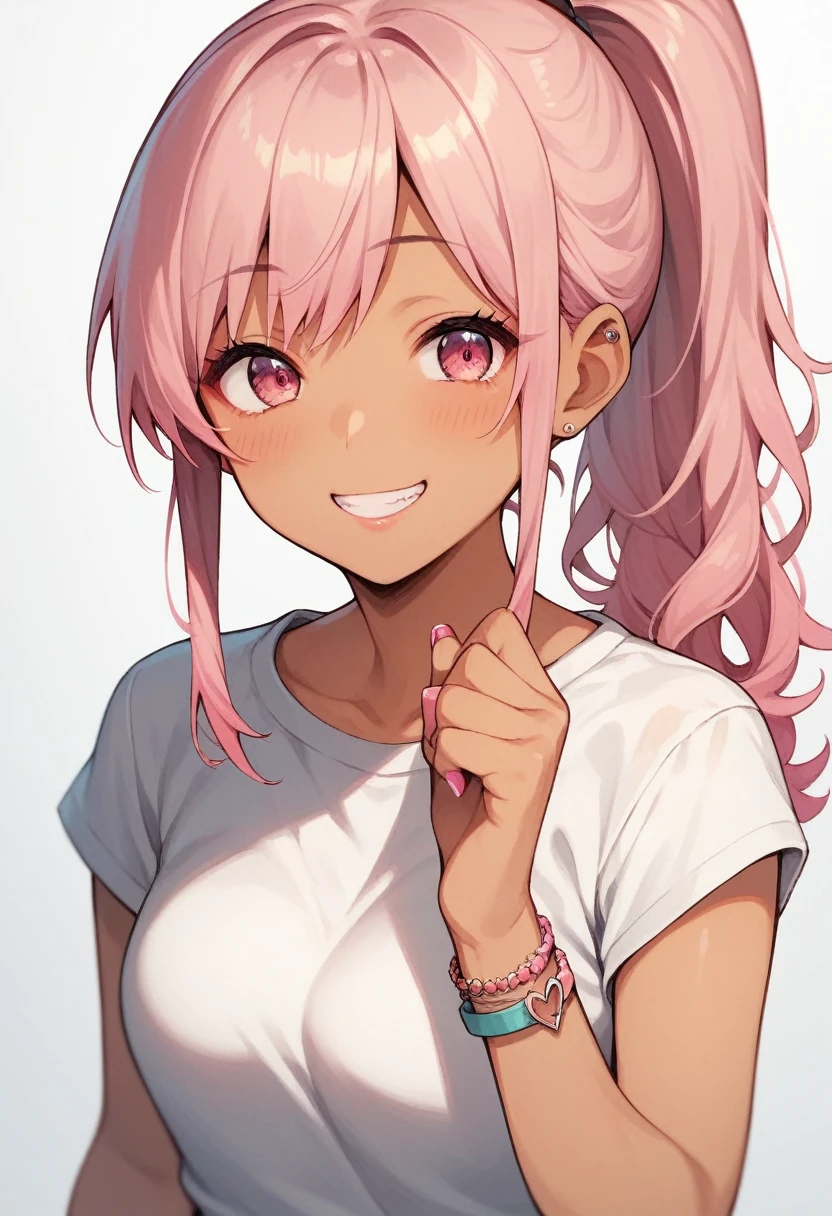 Score_9, score_8_up, score_7_up, score_6_up, source_anime, rating:general, 1girl, Gyaruu, tan, Gyaru, upper body, shy smile, casual, dyed pink hair, pink eyes, colored contacts, ponytail