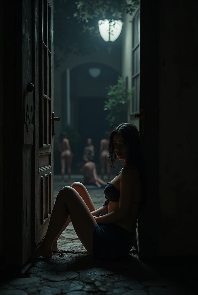young woman, naked, sitting on a sofa, on the street