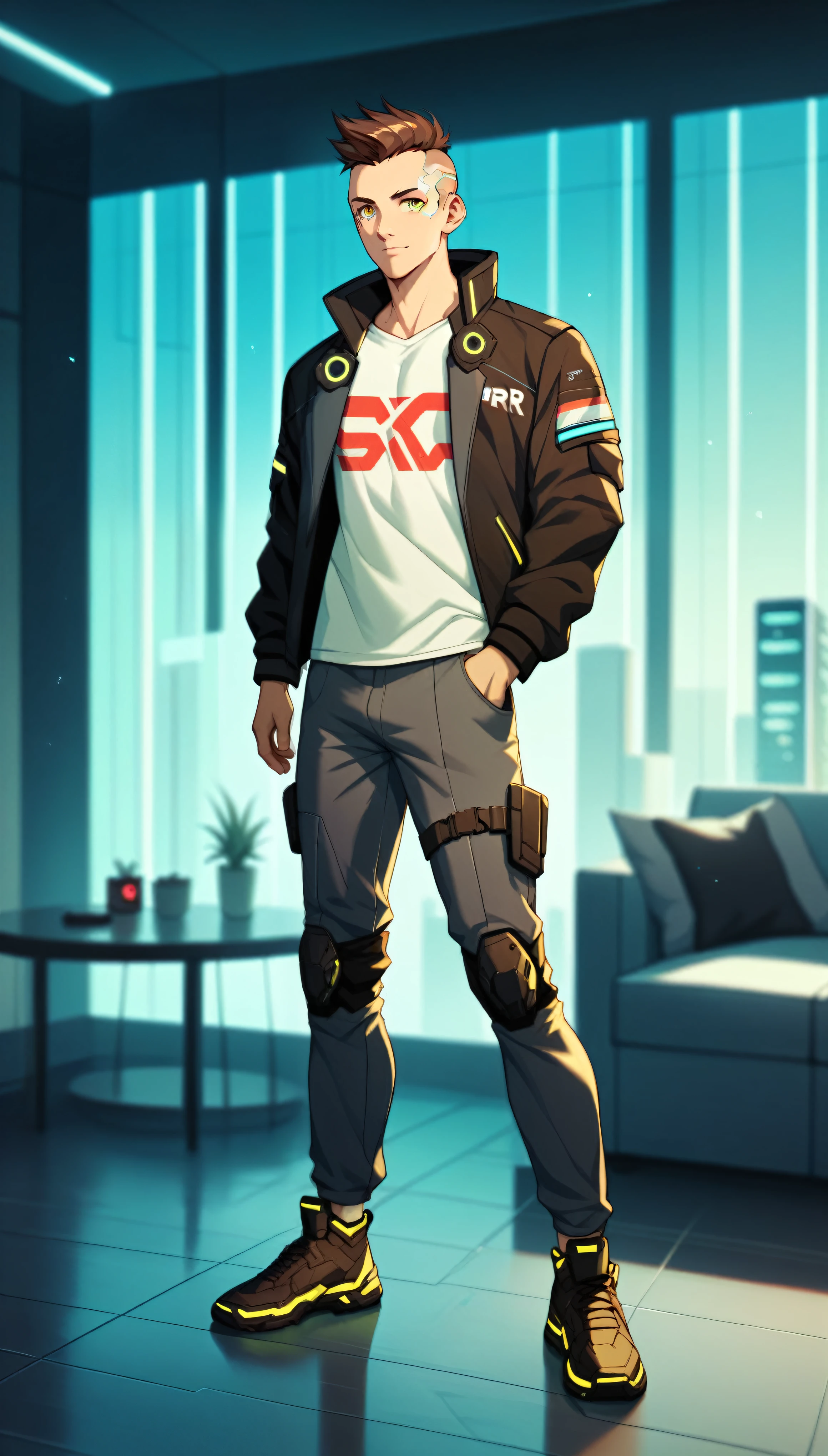 (Safe content), ((best quality)) Cyberpunk, Solo, hi_res, score_9,score_8_up,score_7_up, score_6_up, score_5_up, score_4_up, Male, 20 years old, short brown haircut and yellow eyes, standing in the living room, Wearing Cyberpunk Black Jacket-Carbon poser with reinforced graphene fibers, white t-shirt, black joggers with knee pads