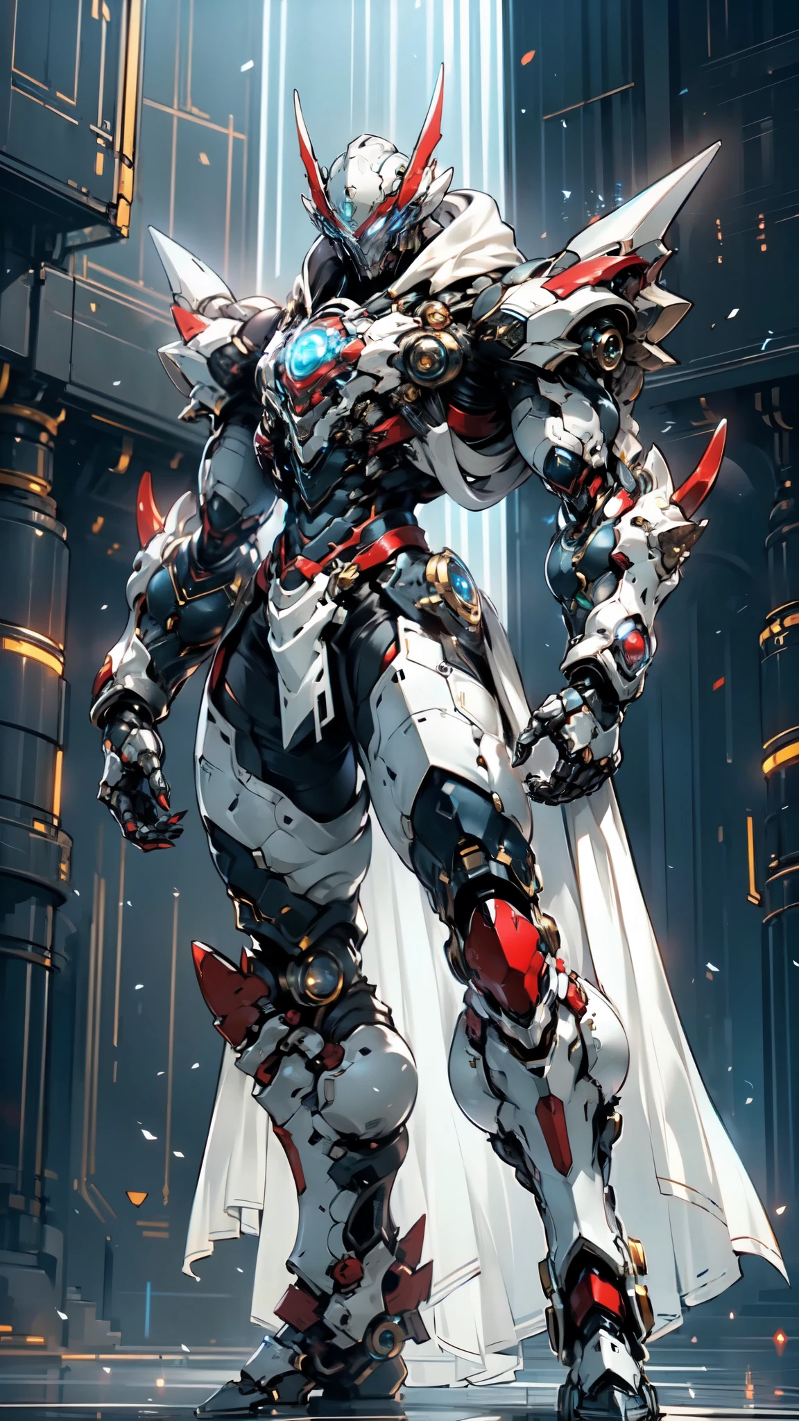(masterpiece:1.5, best quality:1.5, extremely delicate:1.5), (male:1.5), humanoid Mecha, fully enclosed shoulder guards, matching arm and leg guards, full body, full armor, the design balances heavy with agility, (the color scheme is primarily White with Blue and Red accents, the concept Inspired by Biological Robot, BRS), organic biotech armor, standing, floating high above the futuristic sci-fi city, exquisite and mature art style, (aura effect, glowing eyes, the armor glows), metallic, dramatic, high definition, highres, ultra-detailed, ultra-fine painting, professional, perfect body proportions, anatomically correct, symmetrical face, extremely detailed eyes and face, high quality eyes, creativity, RAW photo, UHD, 32k, Natural light, cinematic lighting, masterpiece-anatomy-perfect