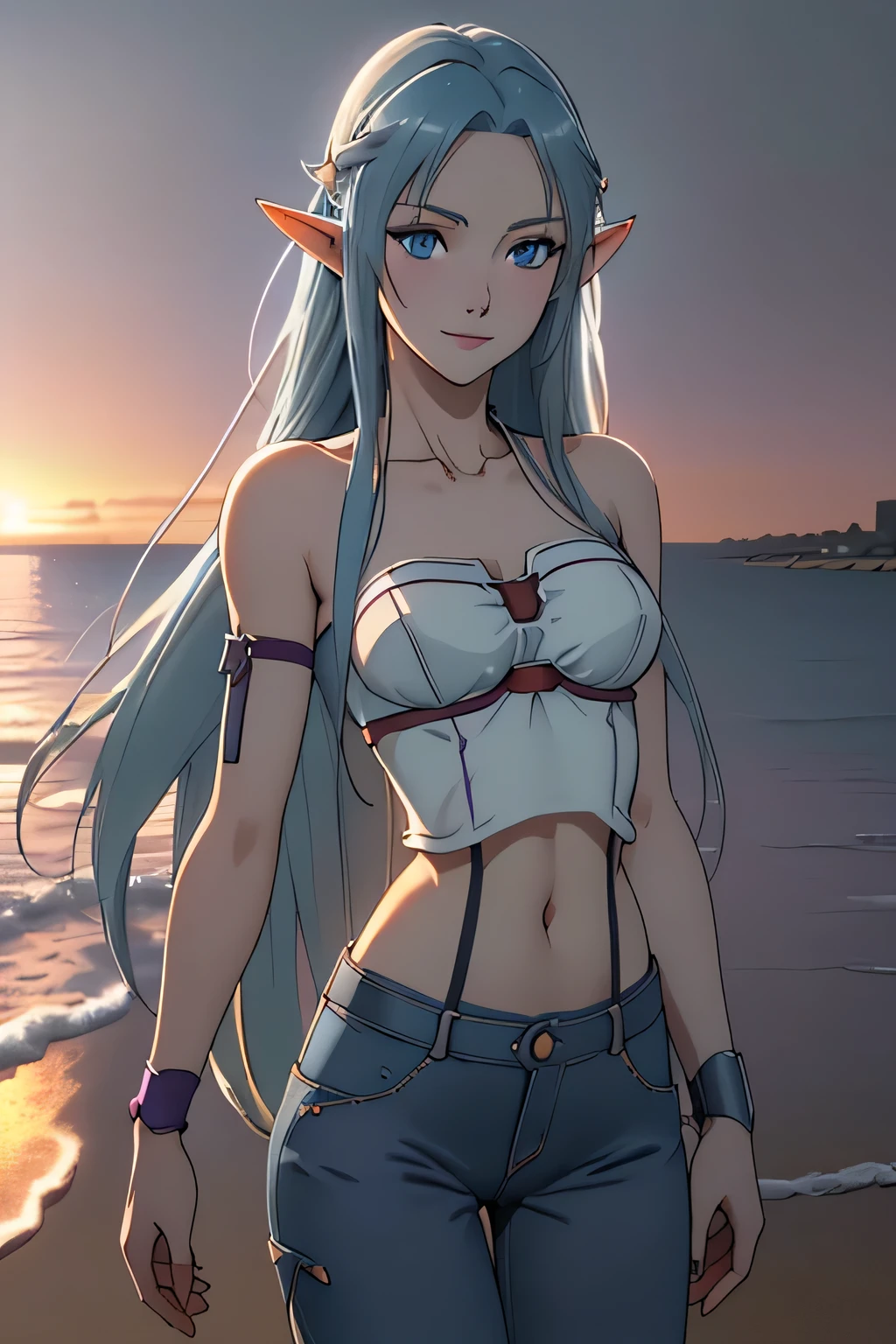 <lora:villetta:1>,1girl, solo, long_hair, breasts, blush, large_breasts, shirt, thighhighs, yellow_eyes, ponytail, grey_hair, dark_skin, dark-skinned_female, fishnets, beach, sand, palm trees, sunny day