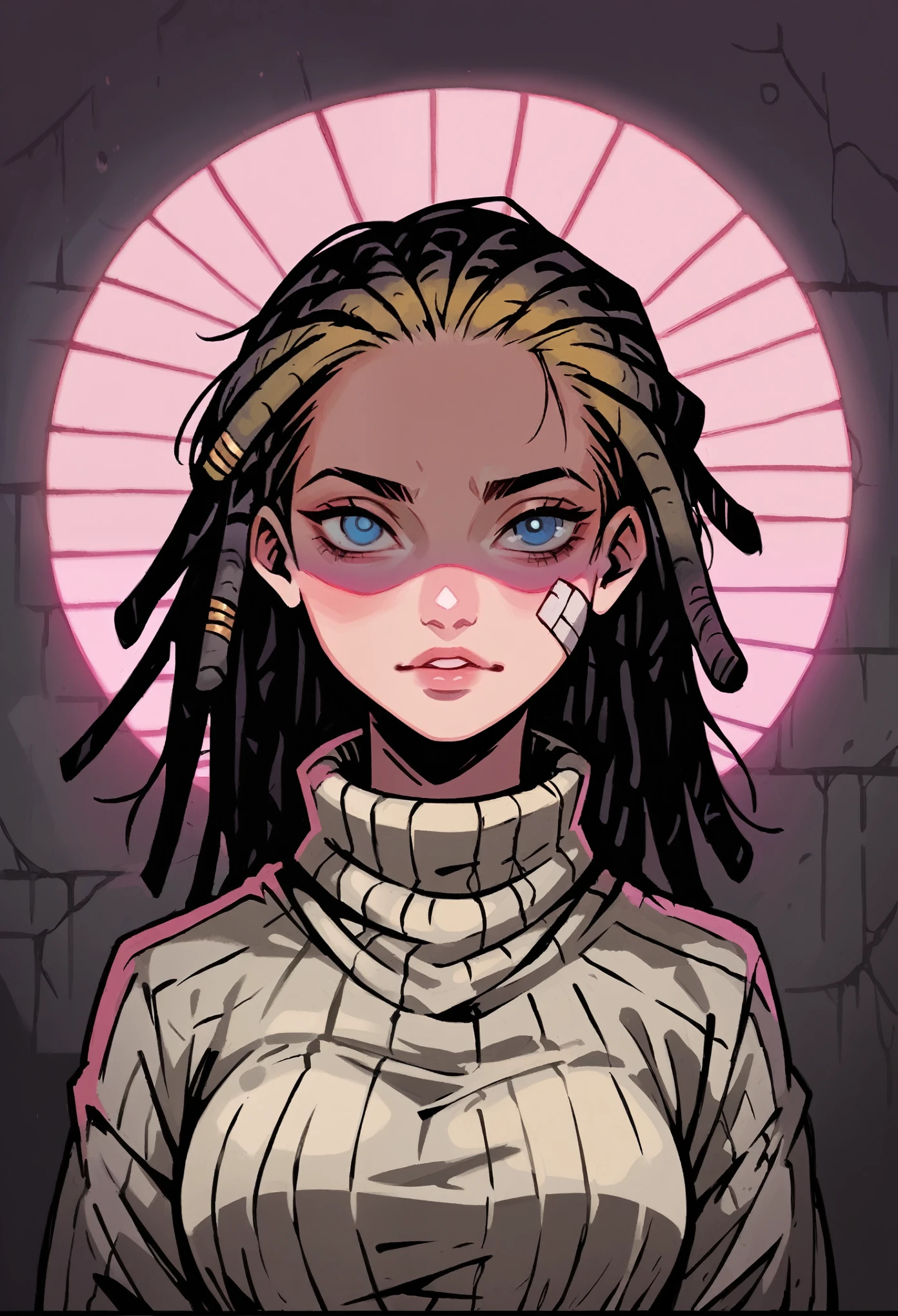 Medium close-up of short blonde girl, thin dreadlocks hairstyle, long hair. 20 years old. Detailed blue eyes. medical plaster on cheek. Horny face expression, looking directly at the viewer, with a finely detailed, ultra-clear face. Oversized white turtleneck sweater, woolen turtleneck, highly detailed, with thick outlines and dramatic light, inspired by Chris Bourassa. pink neon disk behind. The background features a weathered brick wall with pink neon light, creating dark, atmospheric scene. Highly detailed, inspired by Chris Bourassa. Dramatic light, pink neon lamp lights. Somber character design with thick outlines. pink neon disk behind