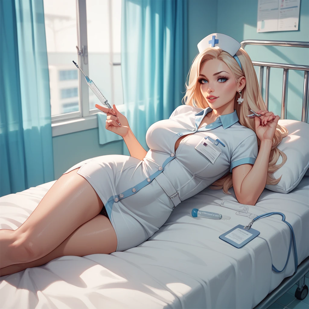 (Masterpiece, Best Quality), 8k Wallpaper, highly detailed, poster, vintage sci-fi film, 1960s, a magazine cover with sexy giant nurse towering over a tiny city, a portrait by Paul Kane, cinematic movie poster, perfect face, Sun yellow hair, Attack of the 50 foot woman, giant woman, tiny city, lines, abstract, mid century modern, movie poster, vintage, white nurse uniform, stiletto high heel shoes, tiny destroyed skyscrapers city, retrofuturism, pulp sci fi, pulp sci-fi, 60's pulp illustration, scifi pulp, pulp book cover art, pulp scifi, old retro pulp comic cover, pulp science fiction, pulp scifi illustration, vintage scifi, skyscrapers sized under her knee