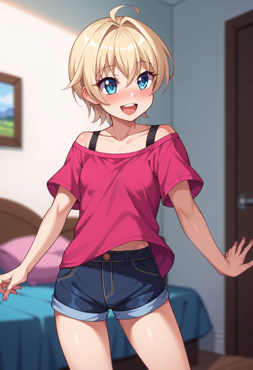 ((Best Quality)), ((masterpiece)), (be familiar with), Perfect Face, indoor, bedroom, Watching the audience,
One woman, Tacheng Kitten,
Open Mouth, Ecstatic expression, blush, smile,
Small breasts, Flat Chest, , , child, Girl,
Short Hair, Short Hair,
Leg spread,